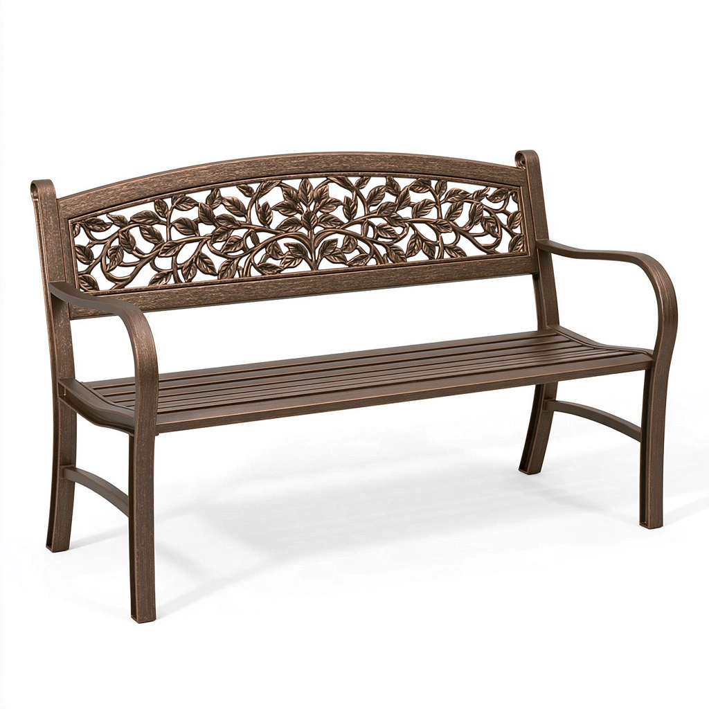 Gartenbank 123 x 60 x 88 cm aus Metall in Braun mit Blätterdekor