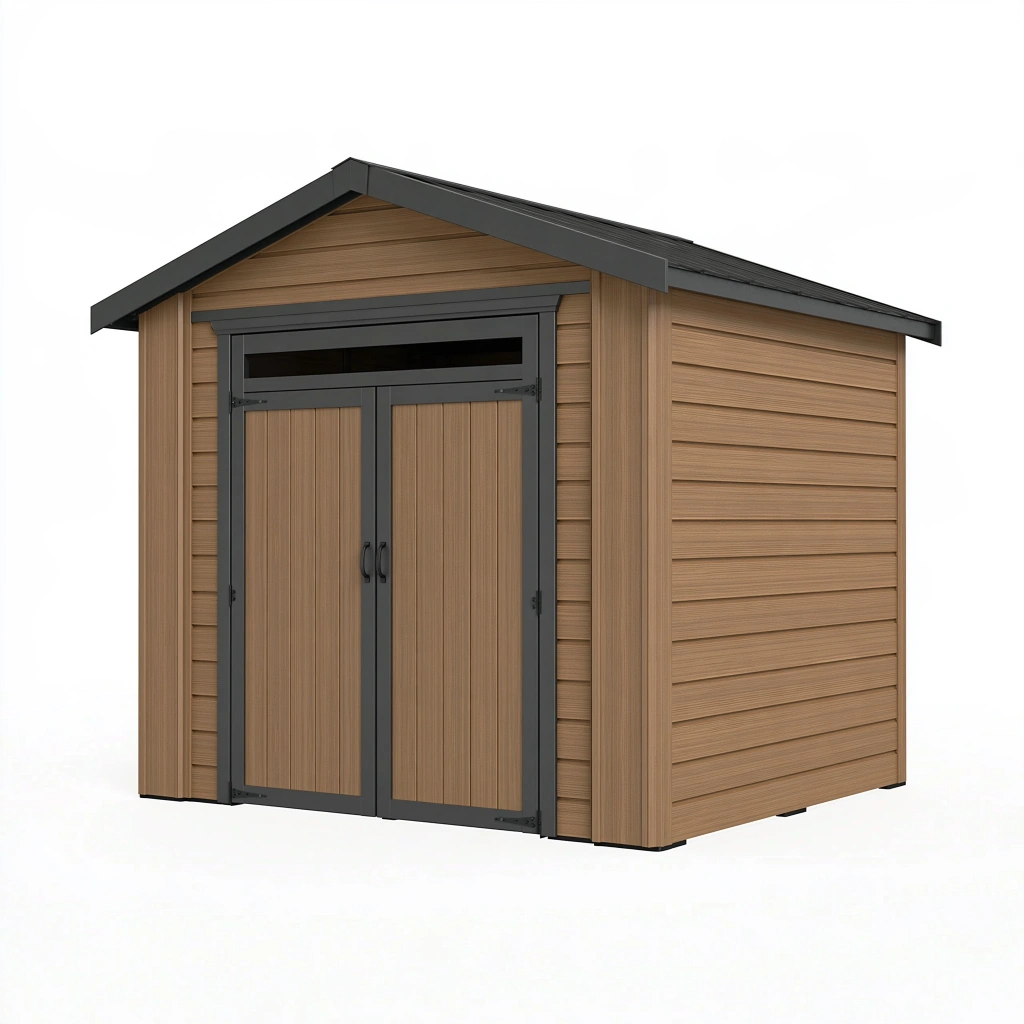 Gartenhaus 213 x 127 x 185 cm aus Stahl in Holzoptik mit Doppeltür und Satteldach