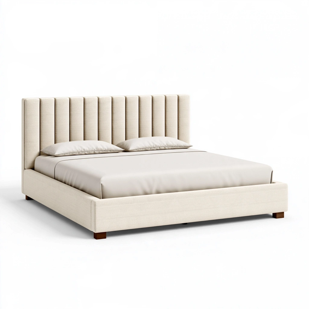 Polsterbett 180 x 200 cm Creme Stoff mit vertikal gestepptem Kopfteil