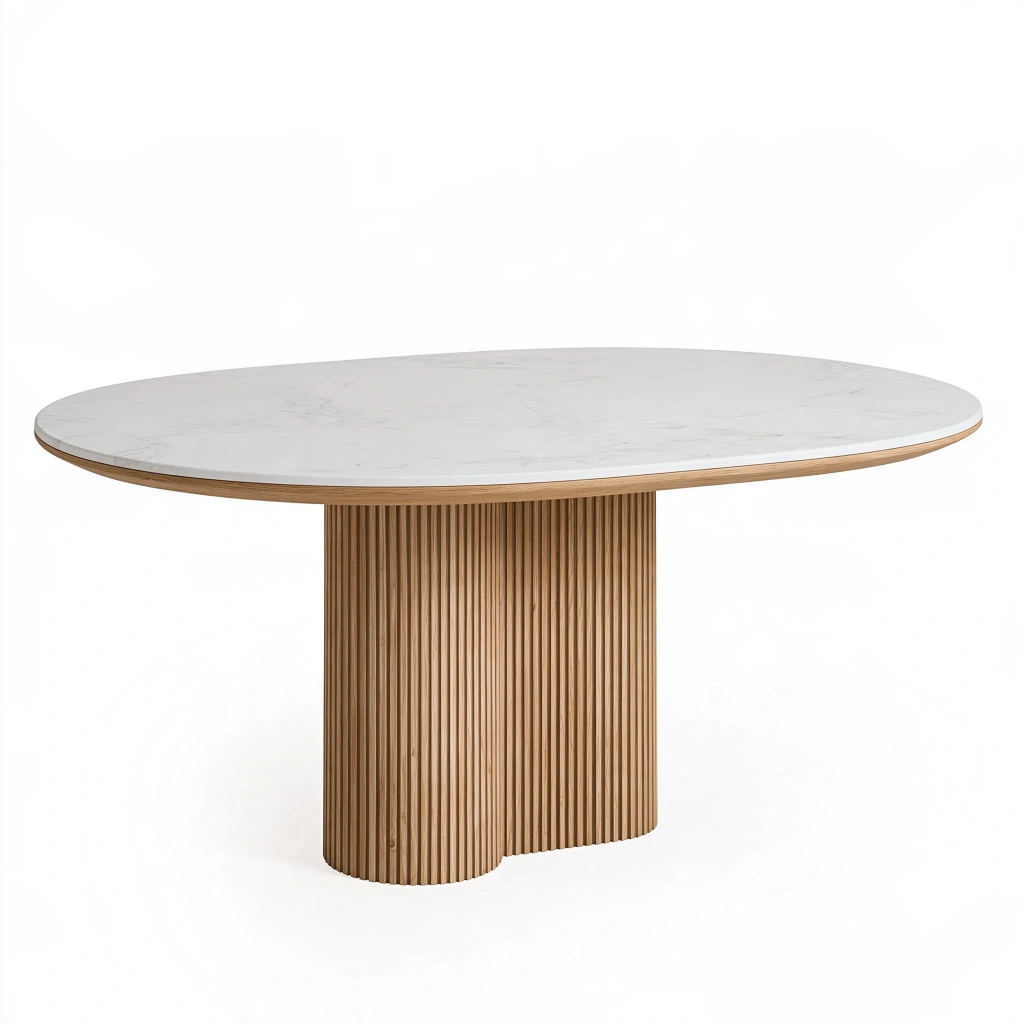 Esstisch 180 x 100 cm Weiß Naturholz Tischplatte in Steinoptik Geriffelter Säulenfuß